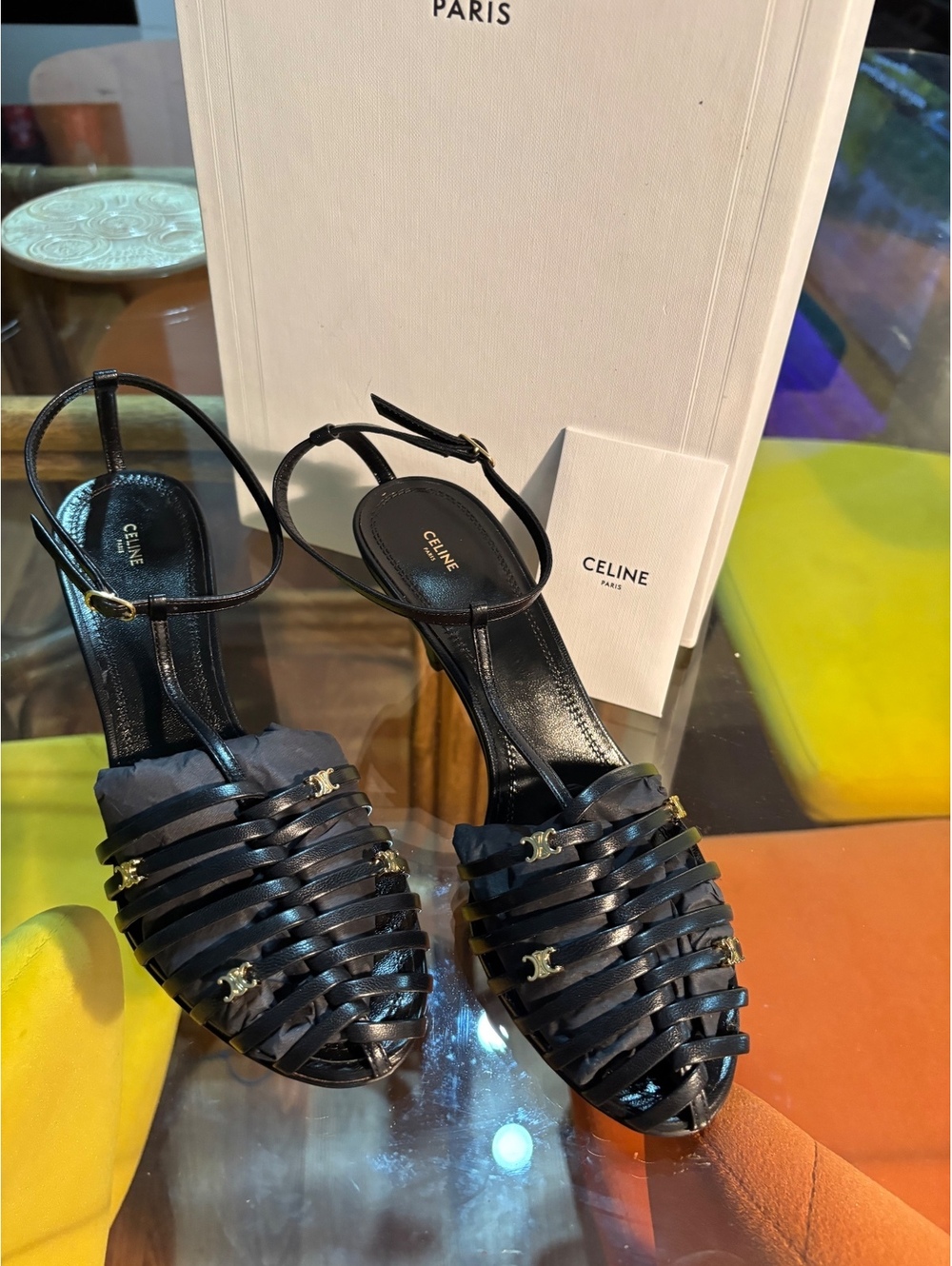 Celine Triomphe Cage Heels Black Leather Size 37 NIB